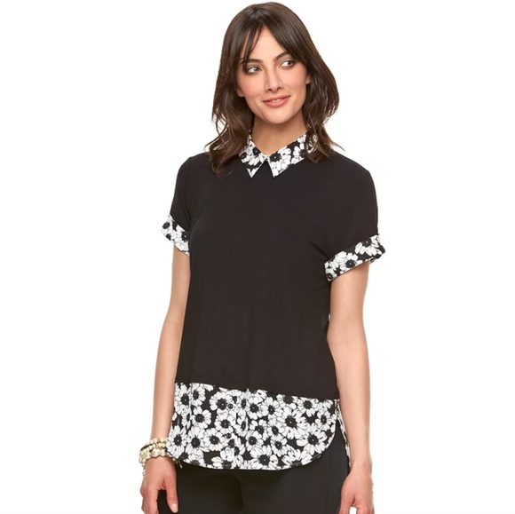 Elle Split Black Mock-Layer Collard Top Black Pink Floral Short Sleeve XL - Picture 1 of 10